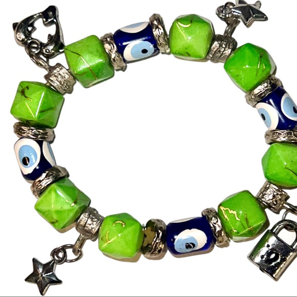 VTG Jasper, Silver Sea Glass Evil Eye Beaded Bracelet - Picture 2 of 13